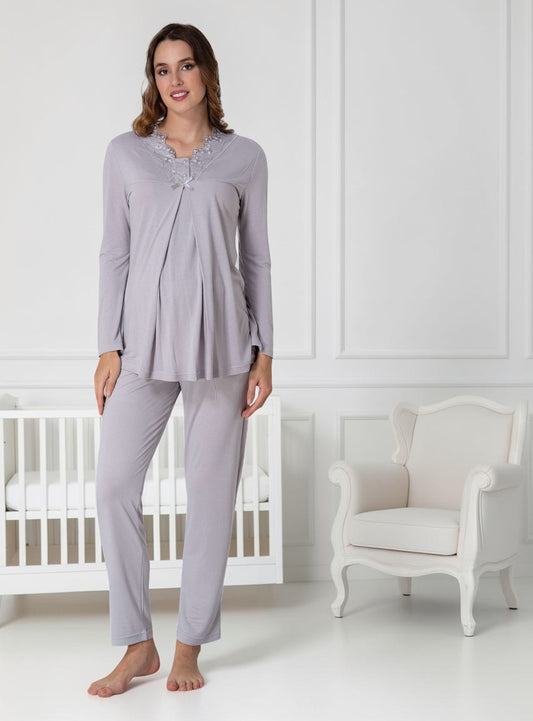 Grey maternity pyjamas by Mini Plum – long-sleeve nursing nightwear with V-neck, breastfeeding-friendly, hospital bag ready