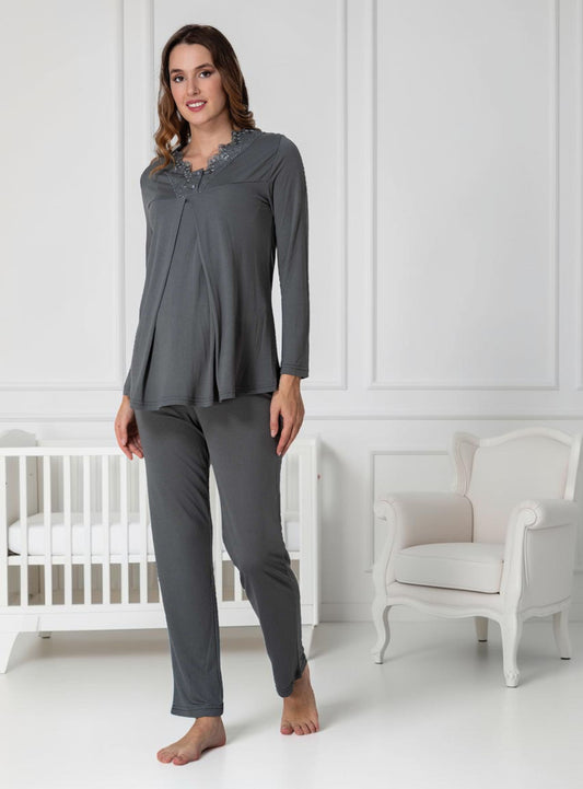 Grey maternity pyjamas by Mini Plum – lace detail and V-neck, maternity & nursing