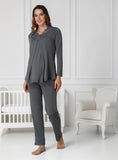 Grey maternity nightie & robe set by Mini Plum – lace neckline & button-front nursing detail, cotton modal