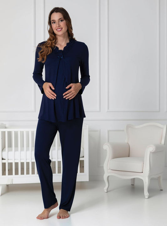 Navy maternity pyjamas by Mini Plum – long-sleeve nursing nightwear with V-neck, breastfeeding-friendly, hospital bag ready