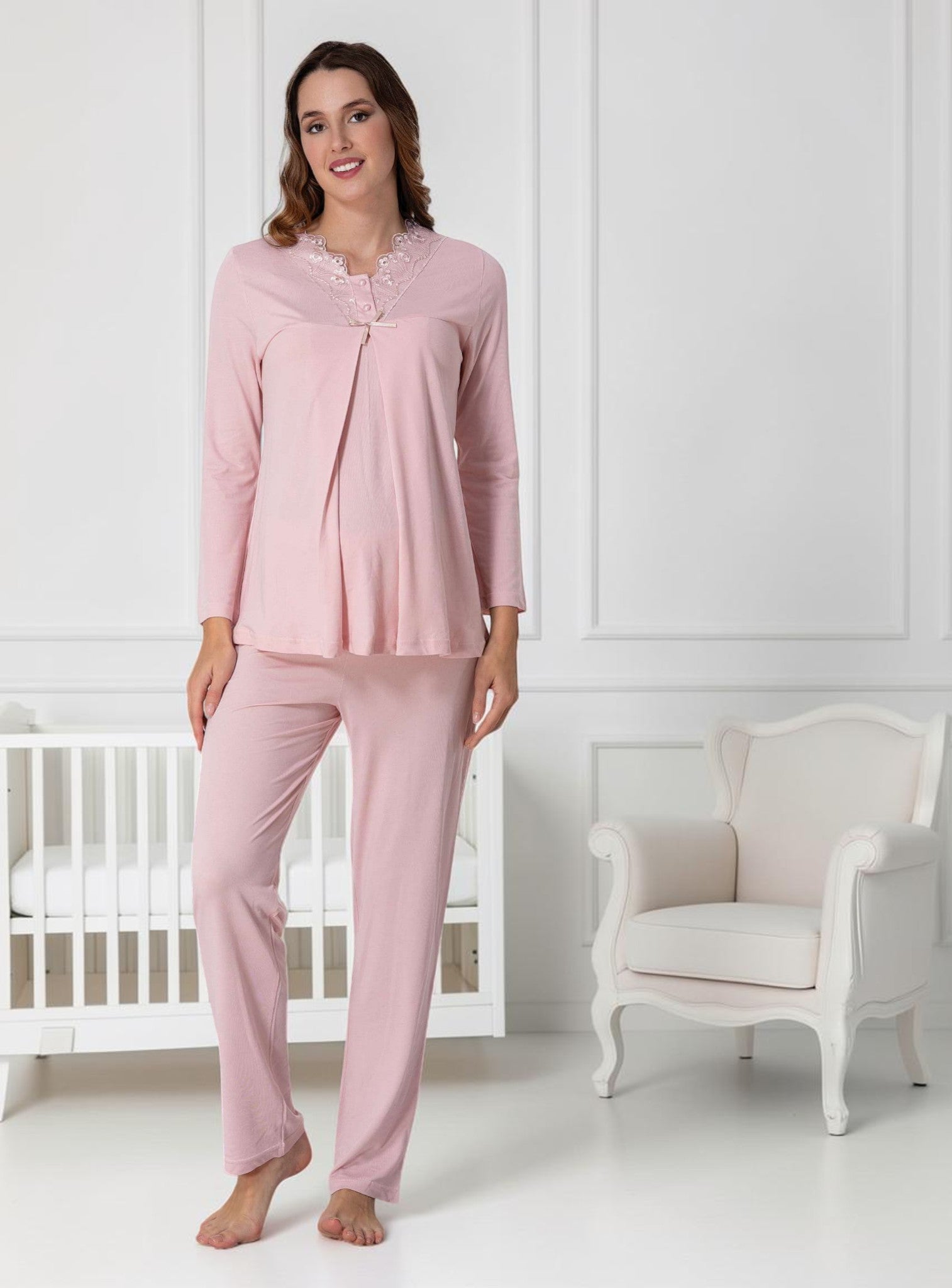 Pink maternity pyjamas by Mini Plum – long-sleeve nursing nightwear with V-neck, breastfeeding-friendly, hospital bag ready