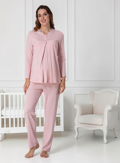Pink maternity pyjamas by Mini Plum – long-sleeve nursing nightwear with V-neck, breastfeeding-friendly, hospital bag ready