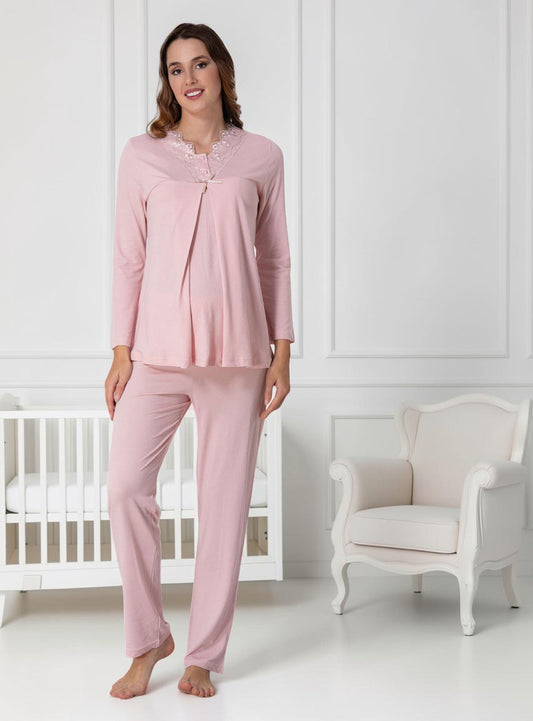 Pink maternity pyjamas by Mini Plum – long-sleeve nursing nightwear with V-neck, breastfeeding-friendly, hospital bag ready