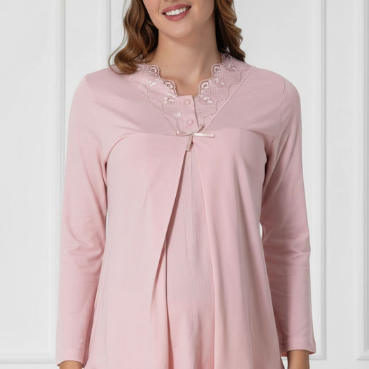 Pink maternity pyjamas by Mini Plum – lace detail and V-neck, maternity & nursing