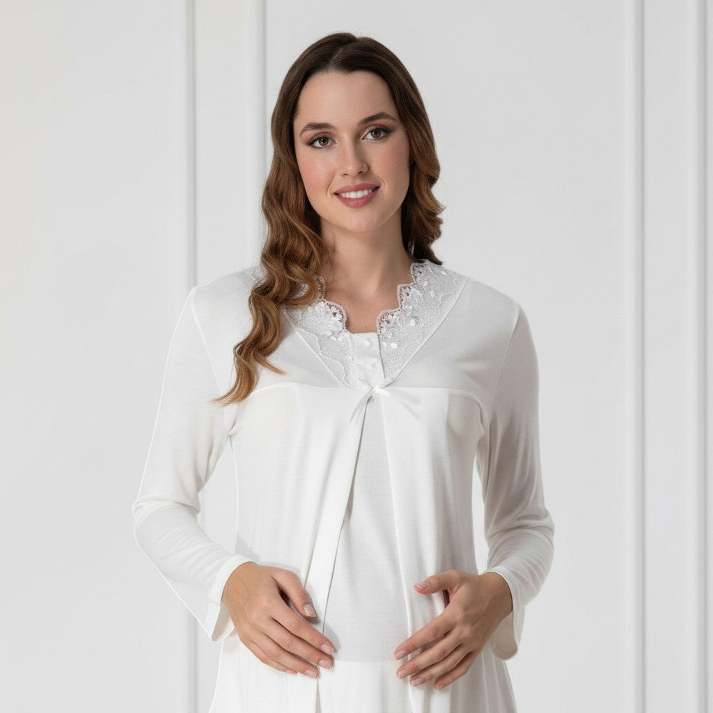 White maternity pyjamas by Mini Plum – lace detail and V-neck, maternity & nursing