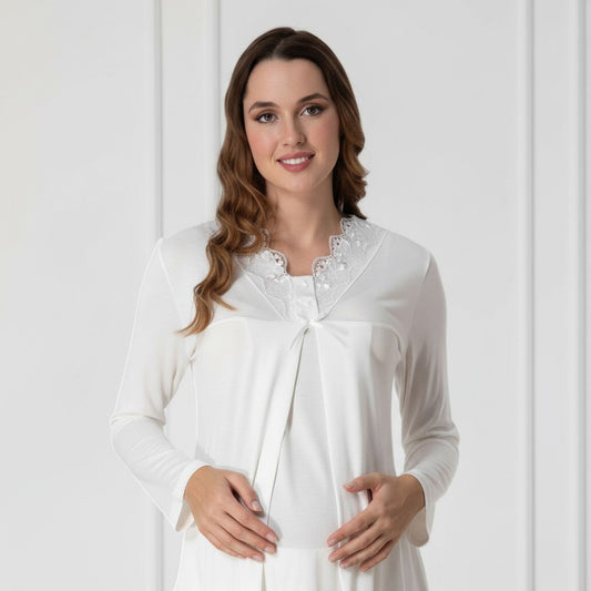 White maternity pyjamas by Mini Plum – lace detail and V-neck, maternity & nursing
