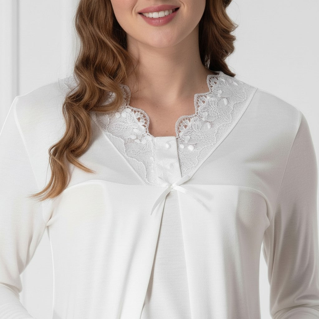 White maternity pyjamas by Mini Plum – long-sleeve with button-front nursing opening, side view