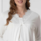 White maternity nightie & robe set by Mini Plum – side view, bump-friendly fit for pregnancy & postpartum