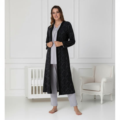 Black pyjama & robe set by Mini Plum – long-sleeve nursing nightwear with V-neck, breastfeeding-friendly, hospital bag ready