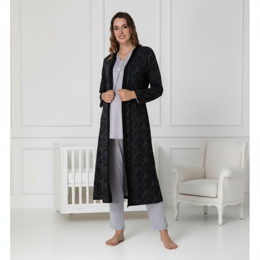 Black pyjama & robe set by Mini Plum – long-sleeve nursing nightwear with V-neck, breastfeeding-friendly, hospital bag ready