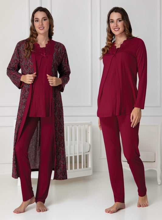 Cherry Red pyjama & robe set by Mini Plum – long-sleeve nursing nightwear with V-neck, breastfeeding-friendly, hospital bag ready