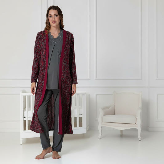 Cherry Red pyjama & robe set by Mini Plum – paisley print and V-neck, maternity & nursing
