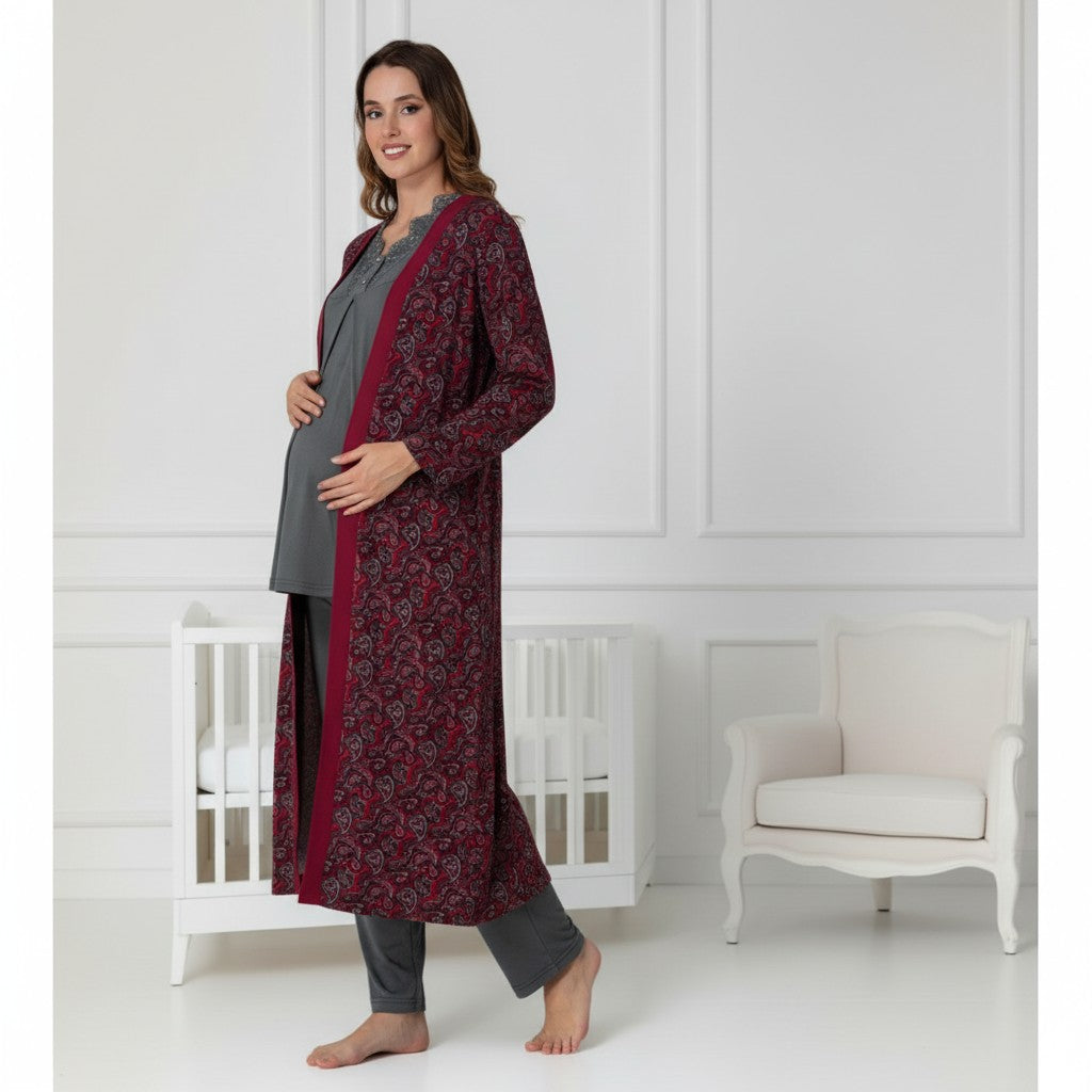 Cherry Red pyjama & robe set by Mini Plum – long-sleeve bump-friendly fit, side view