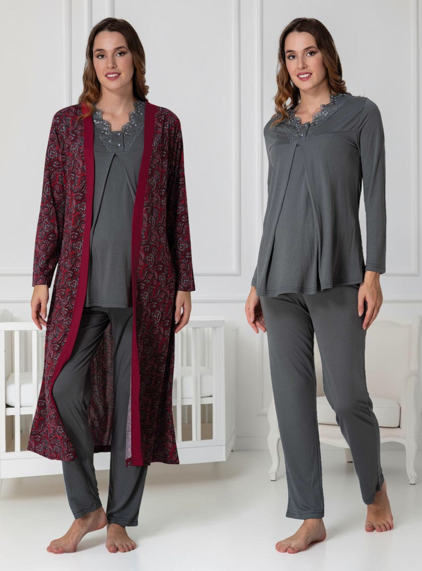 Cherry Red pyjama & robe set by Mini Plum – V-neck pyjama & robe set for pregnancy & postpartum, machine washable