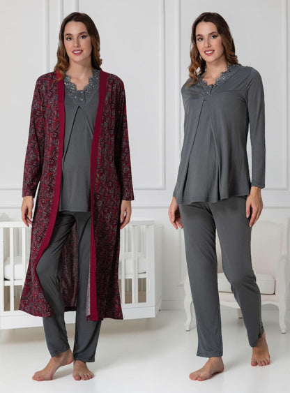 Cherry Red pyjama & robe set by Mini Plum – V-neck pyjama & robe set for pregnancy & postpartum, machine washable