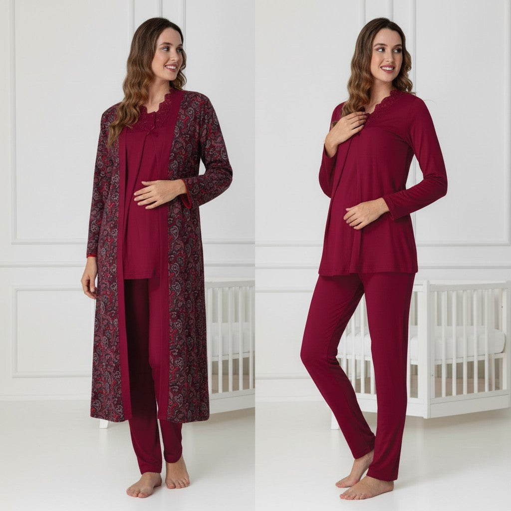 Cherry Red pyjama & robe set by Mini Plum – full styling view, long-sleeve breastfeeding nightwear