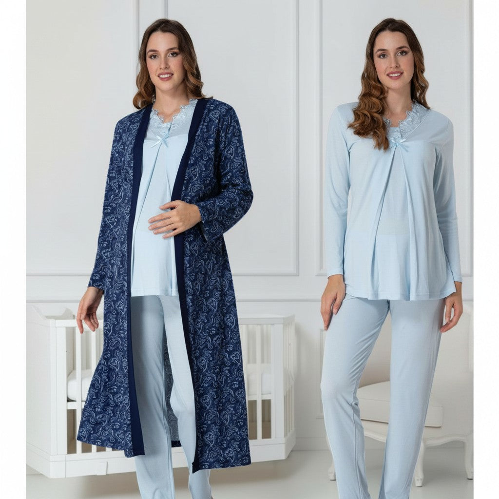 Navy pyjama & robe set by Mini Plum – long-sleeve nursing nightwear with V-neck, breastfeeding-friendly, hospital bag ready