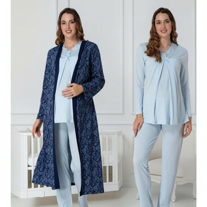 Navy pyjama & robe set by Mini Plum – long-sleeve nursing nightwear with V-neck, breastfeeding-friendly, hospital bag ready