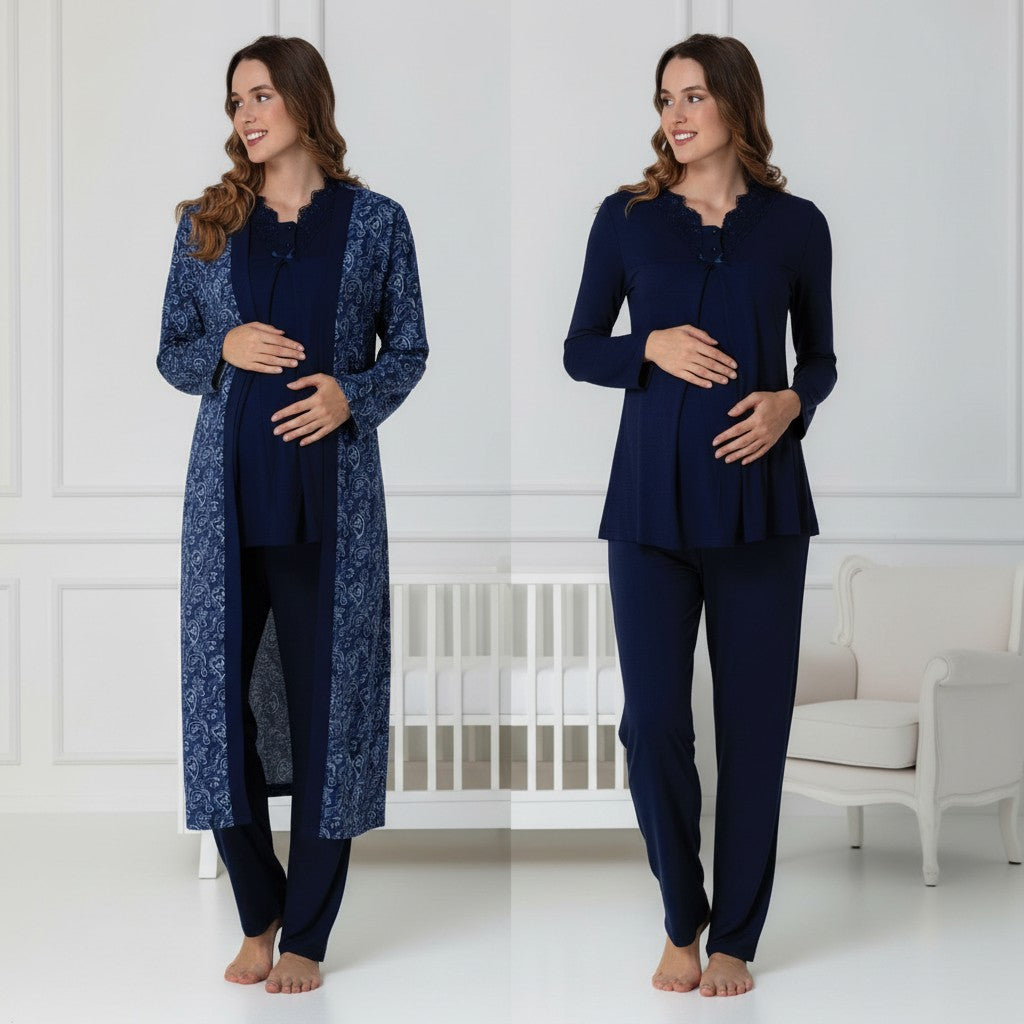 Navy pyjama & robe set by Mini Plum – long-sleeve bump-friendly fit, side view