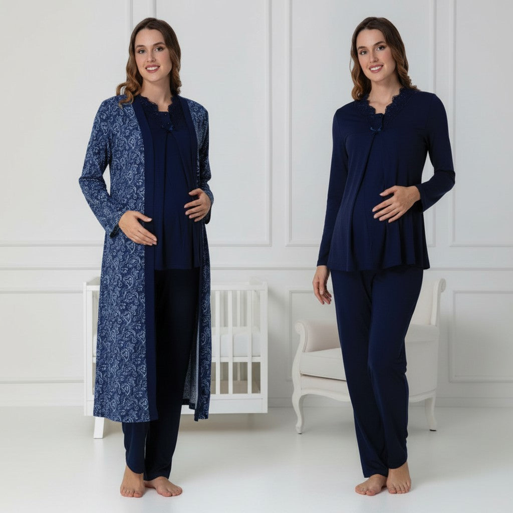 Navy pyjama & robe set by Mini Plum – close-up of paisley print, soft cotton-modal fabric