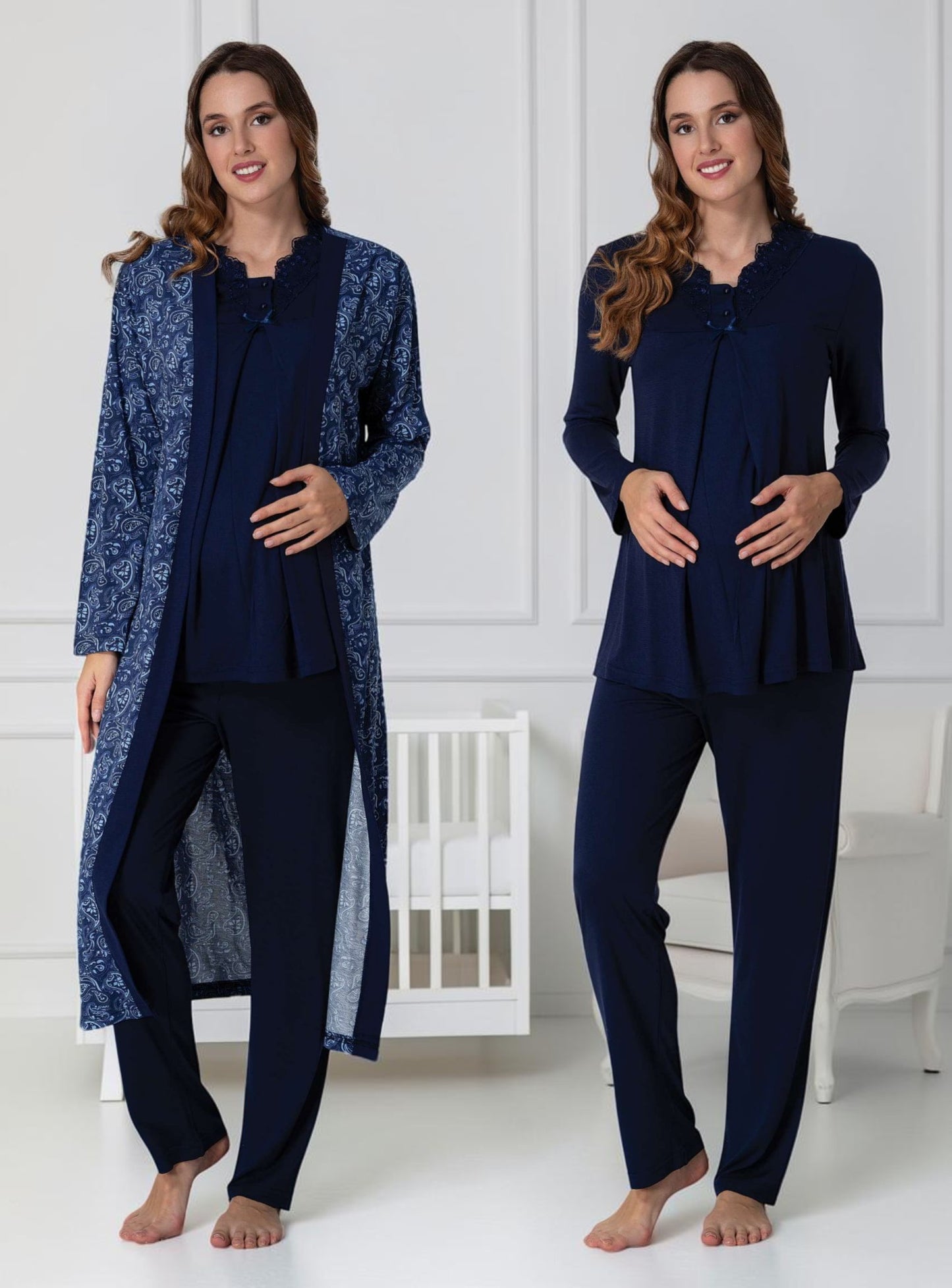 Navy pyjama & robe set by Mini Plum – V-neck pyjama & robe set for pregnancy & postpartum, machine washable