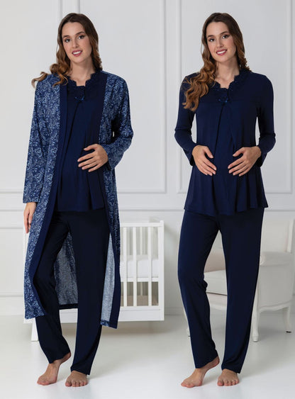 Navy pyjama & robe set by Mini Plum – V-neck pyjama & robe set for pregnancy & postpartum, machine washable