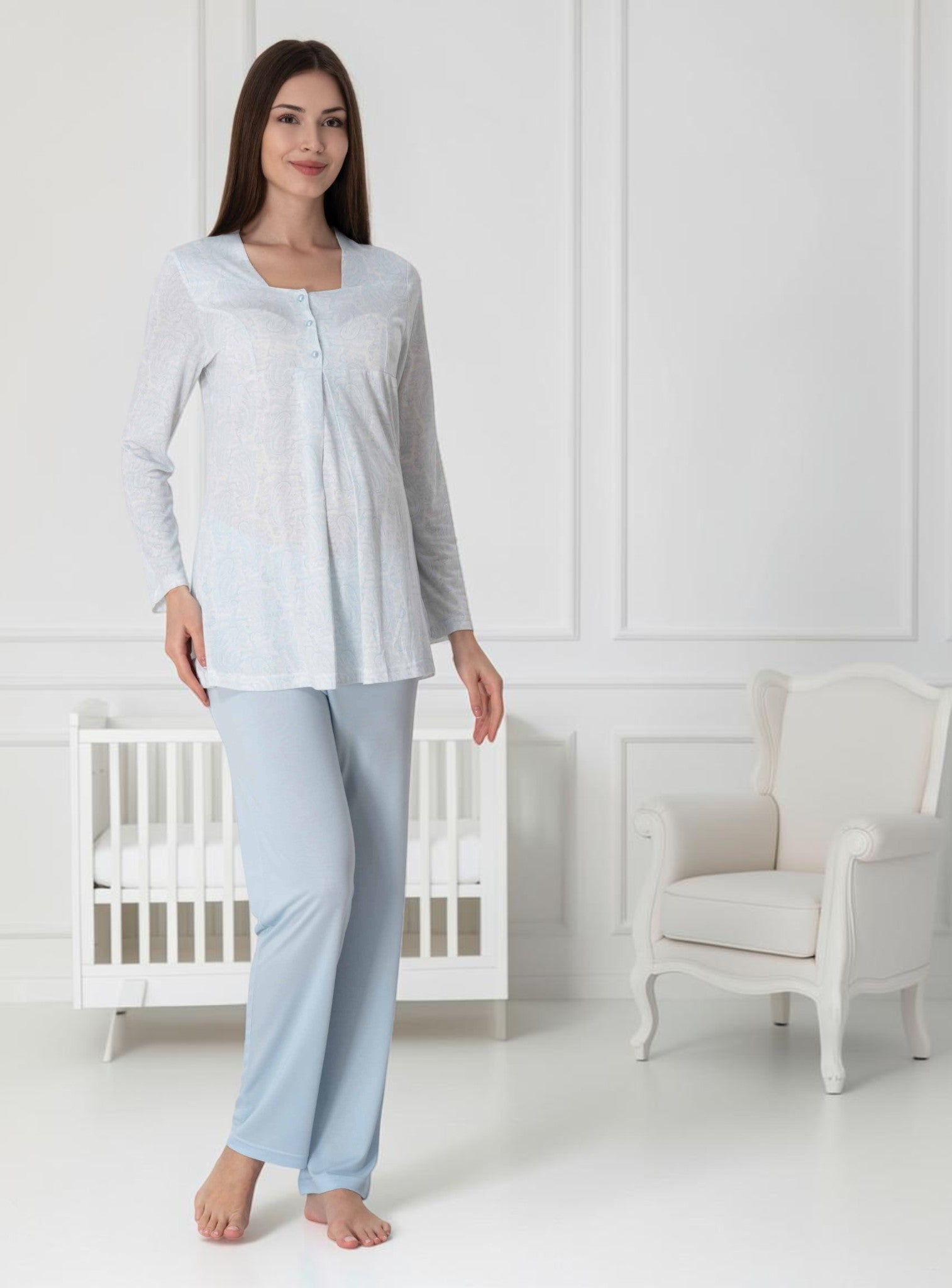 Blue maternity pyjamas by Mini Plum – long-sleeve nursing nightwear with square neck, breastfeeding-friendly, hospital bag ready