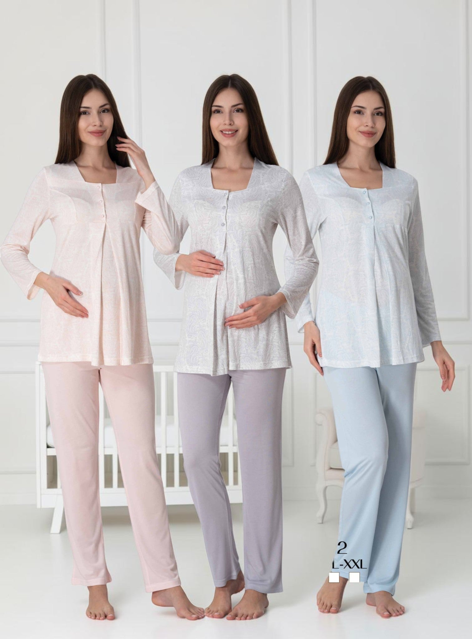 Pink maternity pyjamas by Mini Plum – long-sleeve nursing nightwear with square neck, breastfeeding-friendly, hospital bag ready