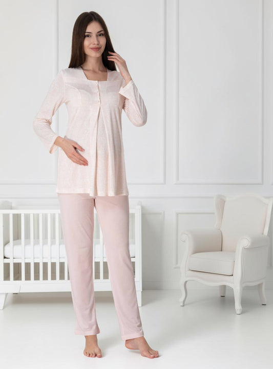 Pink maternity pyjamas by Mini Plum – button-front nursing opening and square neck, maternity & nursing