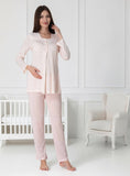 Pink maternity pyjamas by Mini Plum – lace neckline & button-front nursing detail, cotton modal