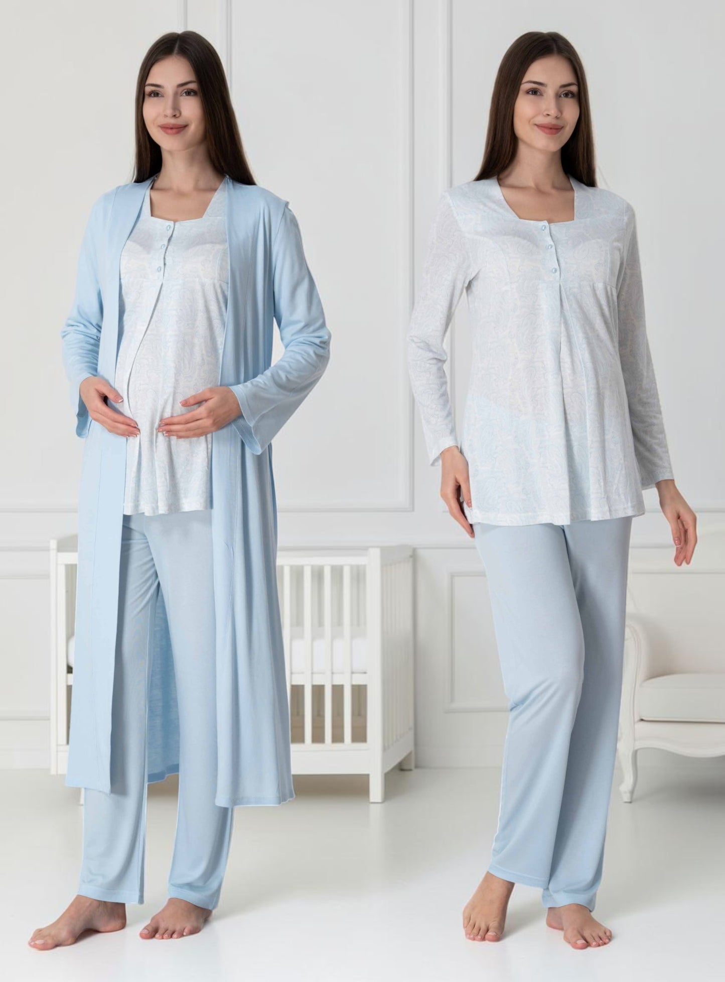 Blue maternity pyjama & robe set by Mini Plum – nursing maternity nightwear, breastfeeding button-down, hospital bag & baby shower gift