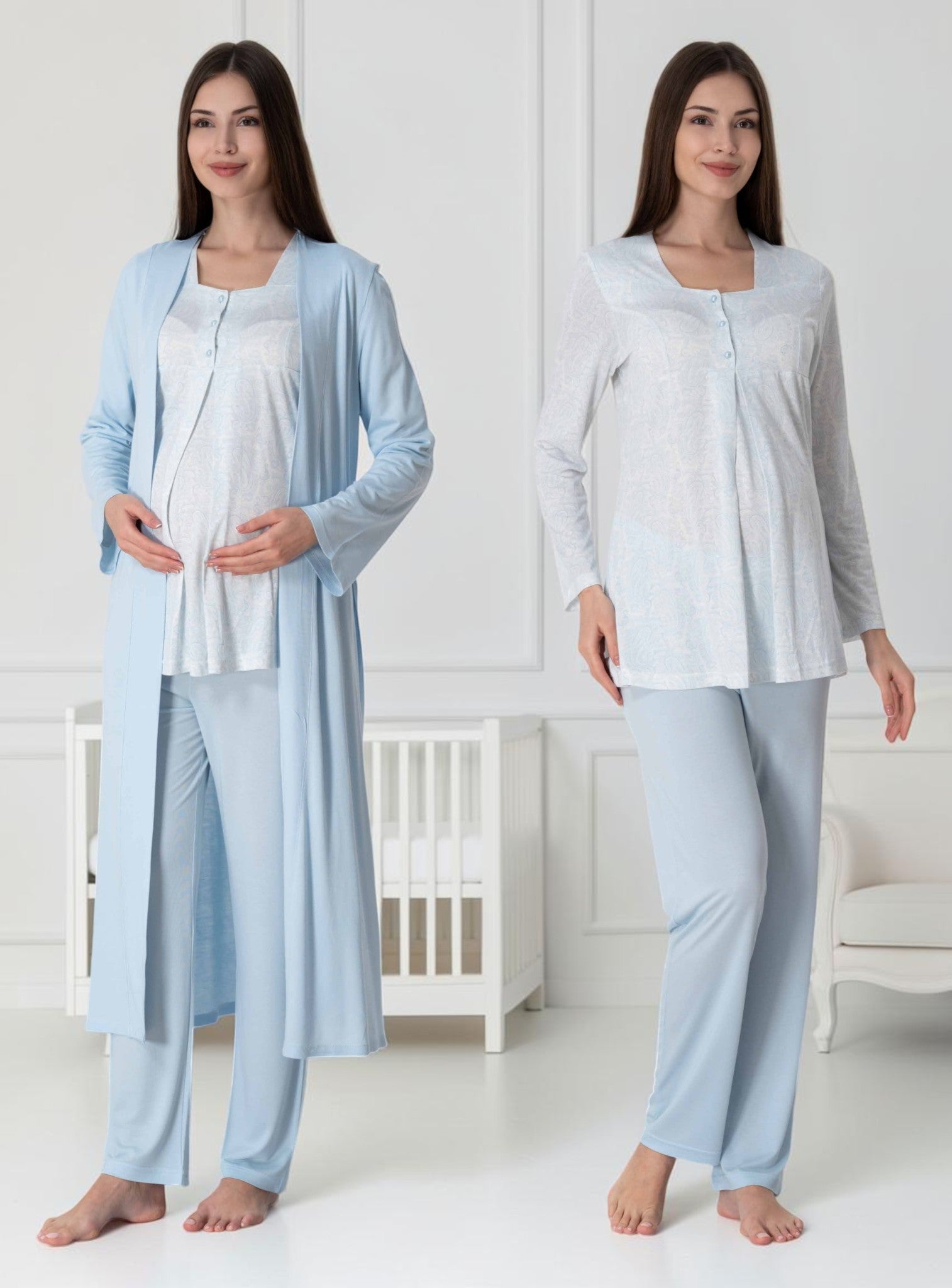 Blue maternity pyjama & robe set by Mini Plum – nursing maternity nightwear, breastfeeding button-down, hospital bag & baby shower gift