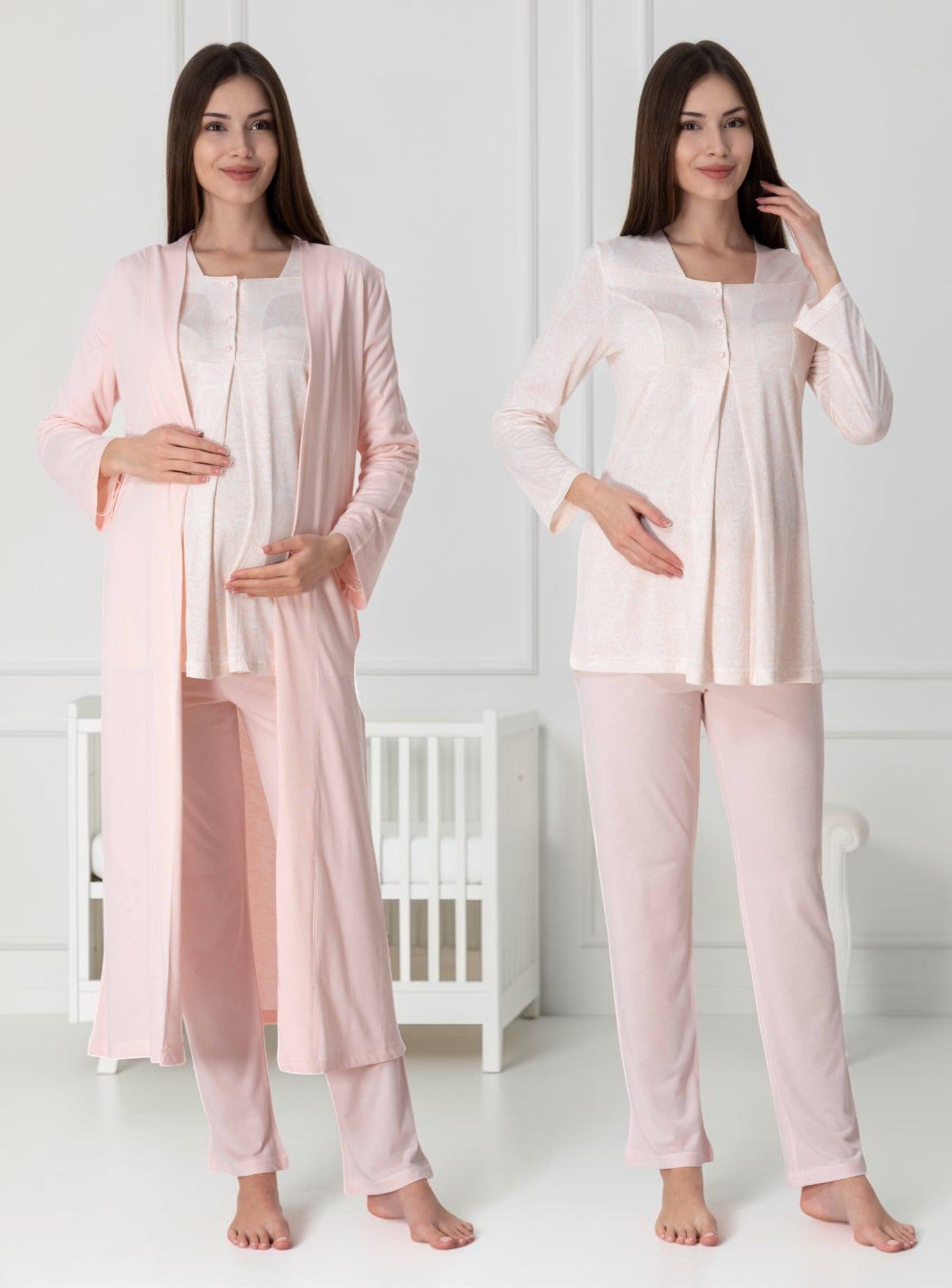 Pink maternity pyjama & robe set by Mini Plum – nursing maternity nightwear, breastfeeding button-down, hospital bag & baby shower gift