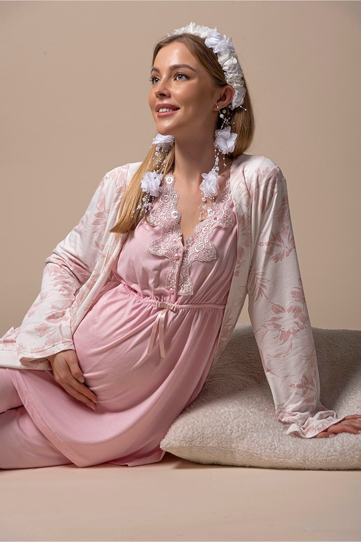 pink floral maternity robe and pyjamas
