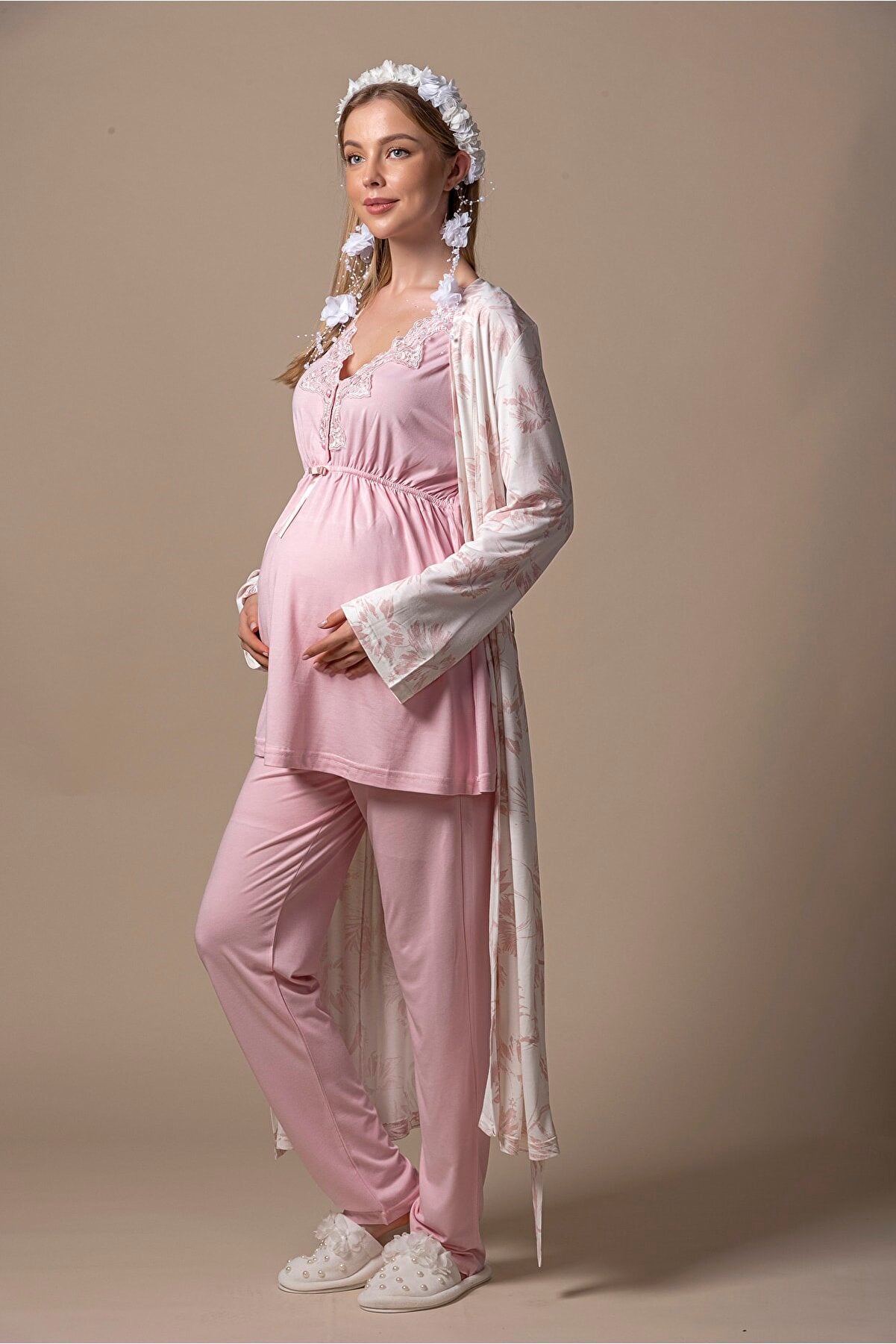 pink floral maternity robe and pyjamas