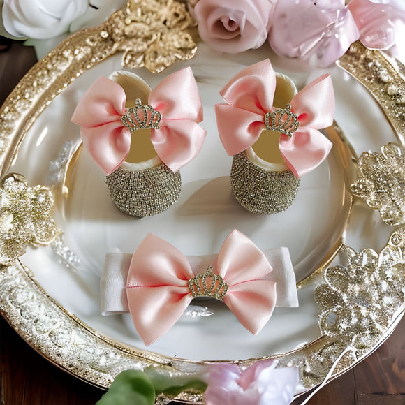 Crown pink Baby Girl Shoes and bling Headband