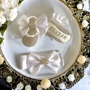 white bling personalised baby shoes headband baptism gift set headband