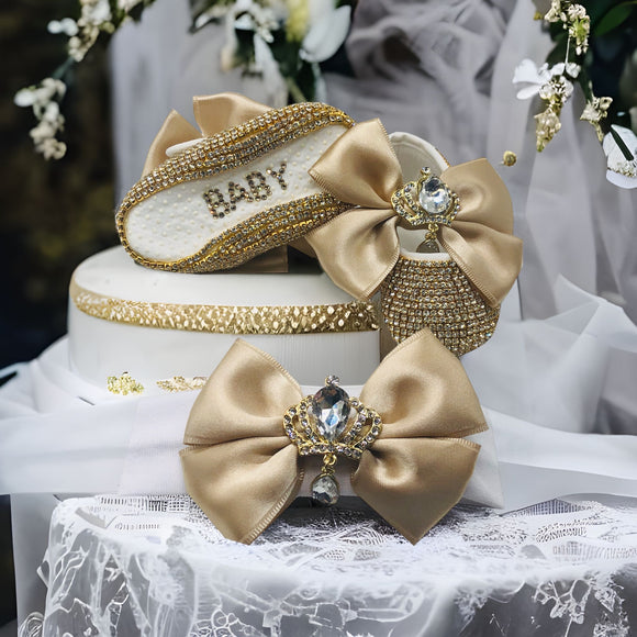 Gold baby girl shoes and bling headband personalised