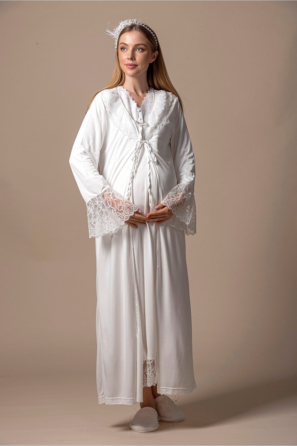 White Lace Maternity Nightdress & Robe Set – Nursing