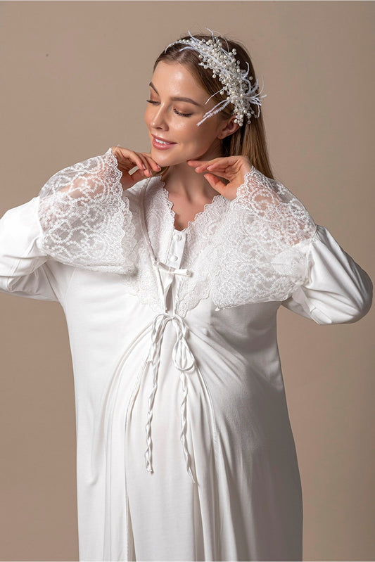 Maternity Nightwear& Nursing Set with Lace Details white labor delivery hospital mum outfit