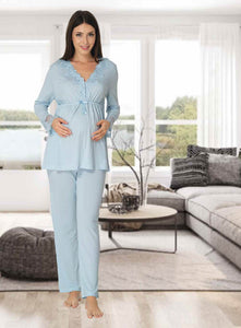 Maternity Pyjamas blue long sleeves cotton labor delivery hospital 