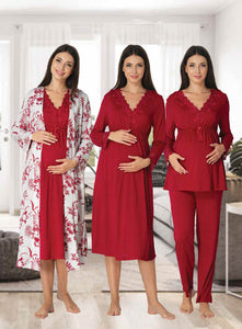 Red Floral Maternity Nightwear Robe, Nightdress Pyjamas Hospital Set