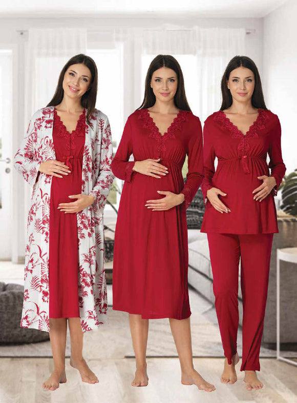 Red Floral Maternity Nightwear Robe, Nightdress Pyjamas Hospital Set