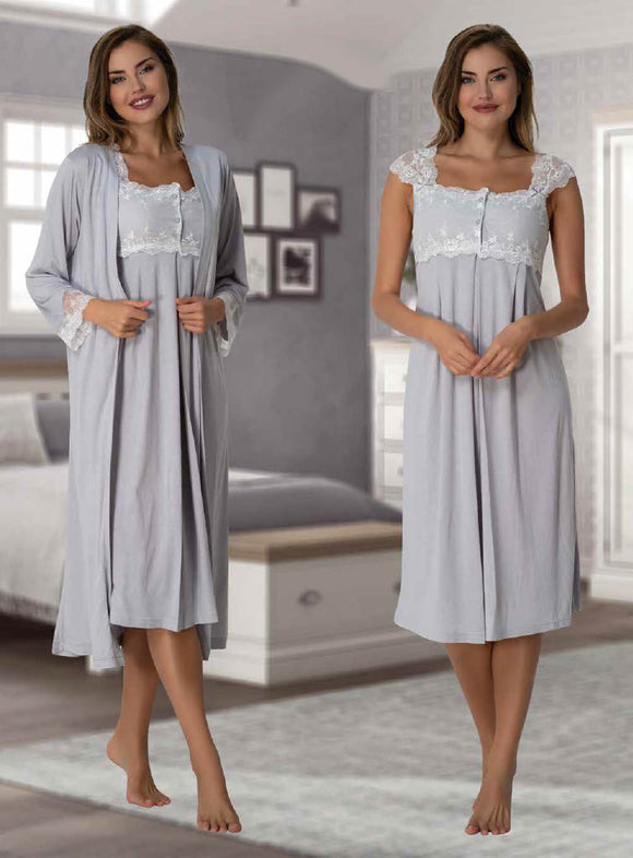Grey Maternity  short sleeve nightdress and robe breastfeeding 