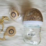Gold Avent Baby Bottle & Evil Eye Dummy Gift Set