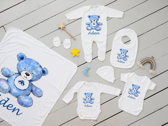 Personalised Baby Coming Home Outfit- Blue Teddy