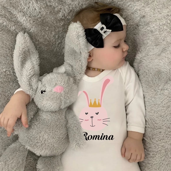 personalised baby grow for girls with bunny print