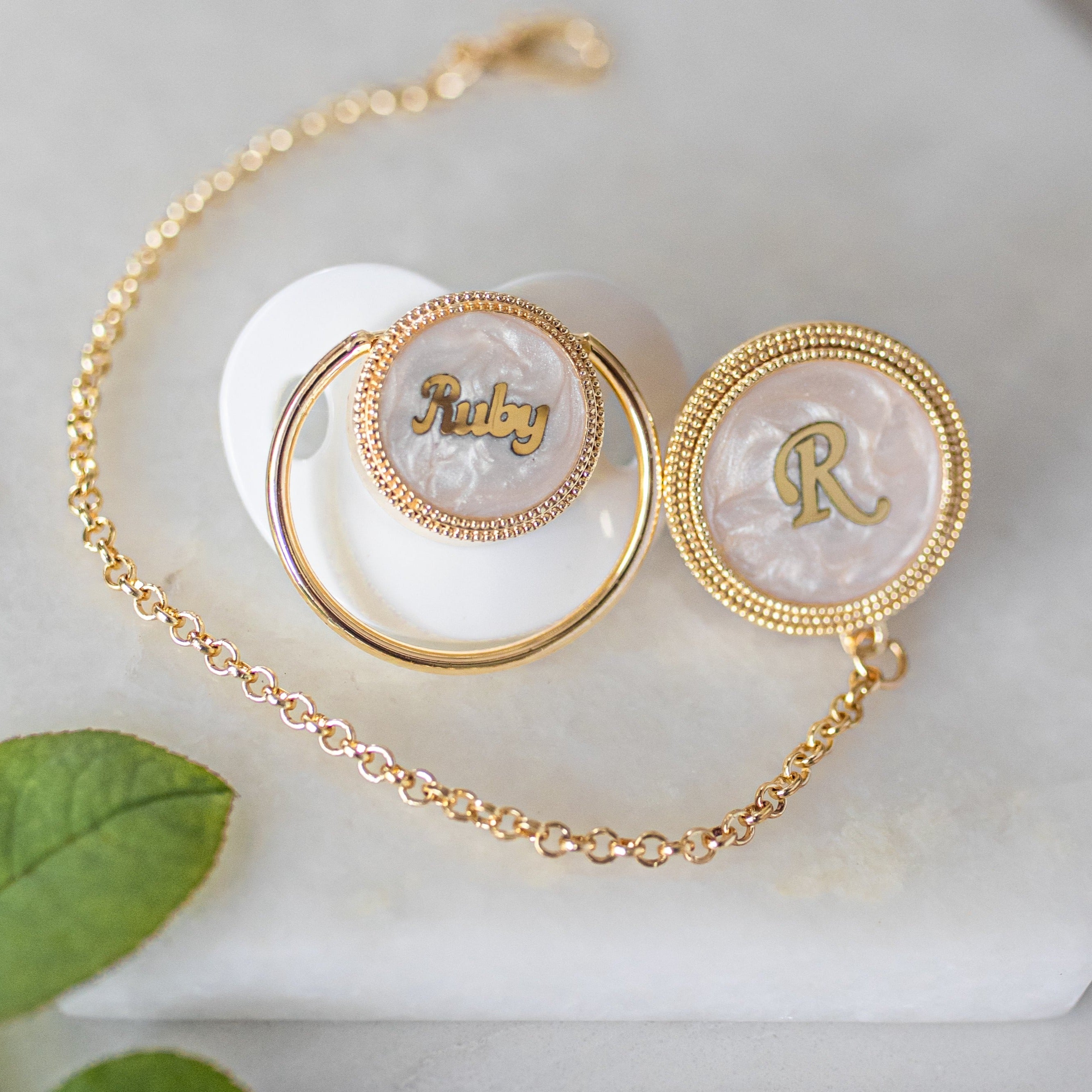 Personalized Pacifier Binky Gold silver Dummy With Chain Clip And