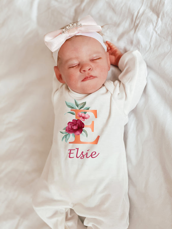 Personalized Floral Baby Onesie and Bow