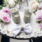 white silver baby girl shoes bling headband newborn gift set